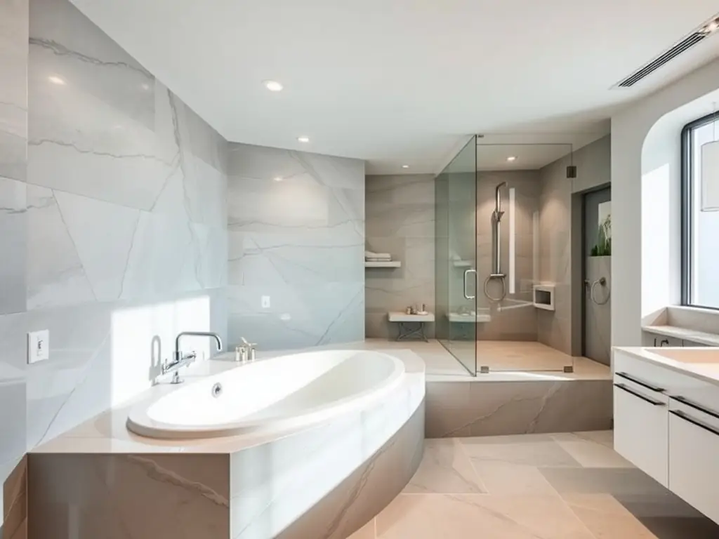 A luxurious bathroom showcasing a soaking tub, rainfall showerhead, and elegant tile work, representing the Premium Fixtures Package offered by Ozark Heritage Homes.