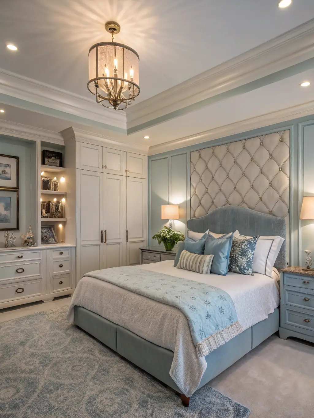 A spacious master bedroom with a walk-in closet and ensuite bathroom, part of a preconfigured floor plan by Ozark Heritage Homes, styled with neutral colors and elegant decor.