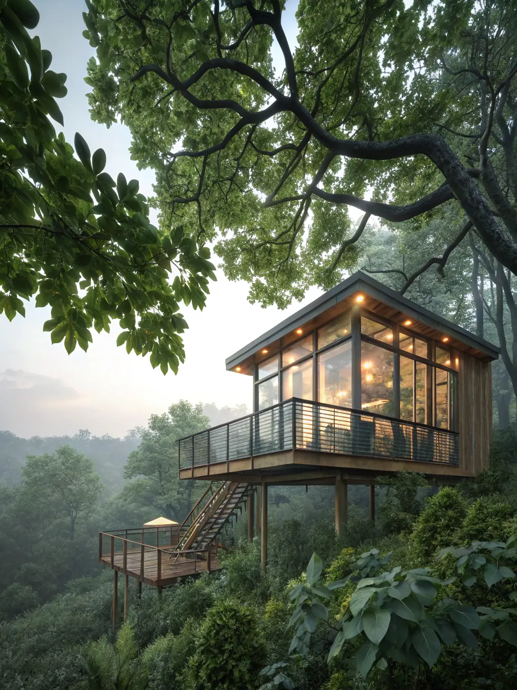 A cozy two-bedroom cabin floor plan with a stone fireplace and a wraparound porch, nestled in a wooded setting.