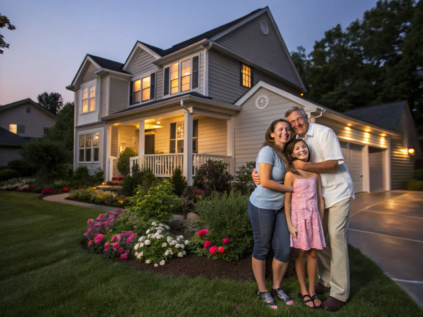 A photograph showcasing a newly constructed Ozark Heritage Home with a family happily moving in, set against a scenic Ozark landscape.