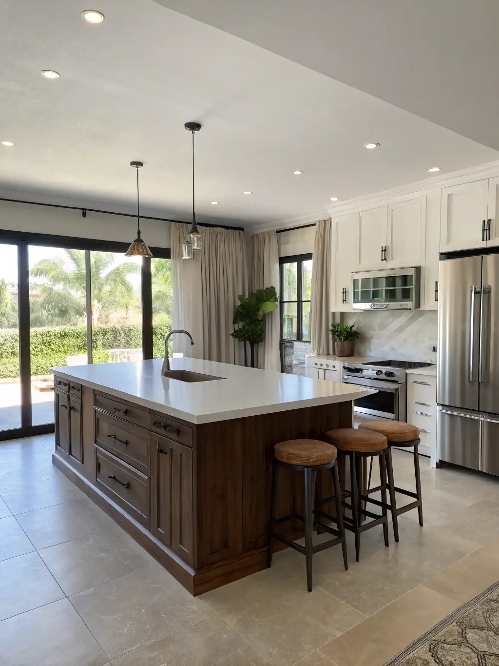 A brightly lit, professionally photographed interior of a modern kitchen in one of Ozark Heritage Homes' preconfigured floor plans, showcasing stainless steel appliances and a large island.