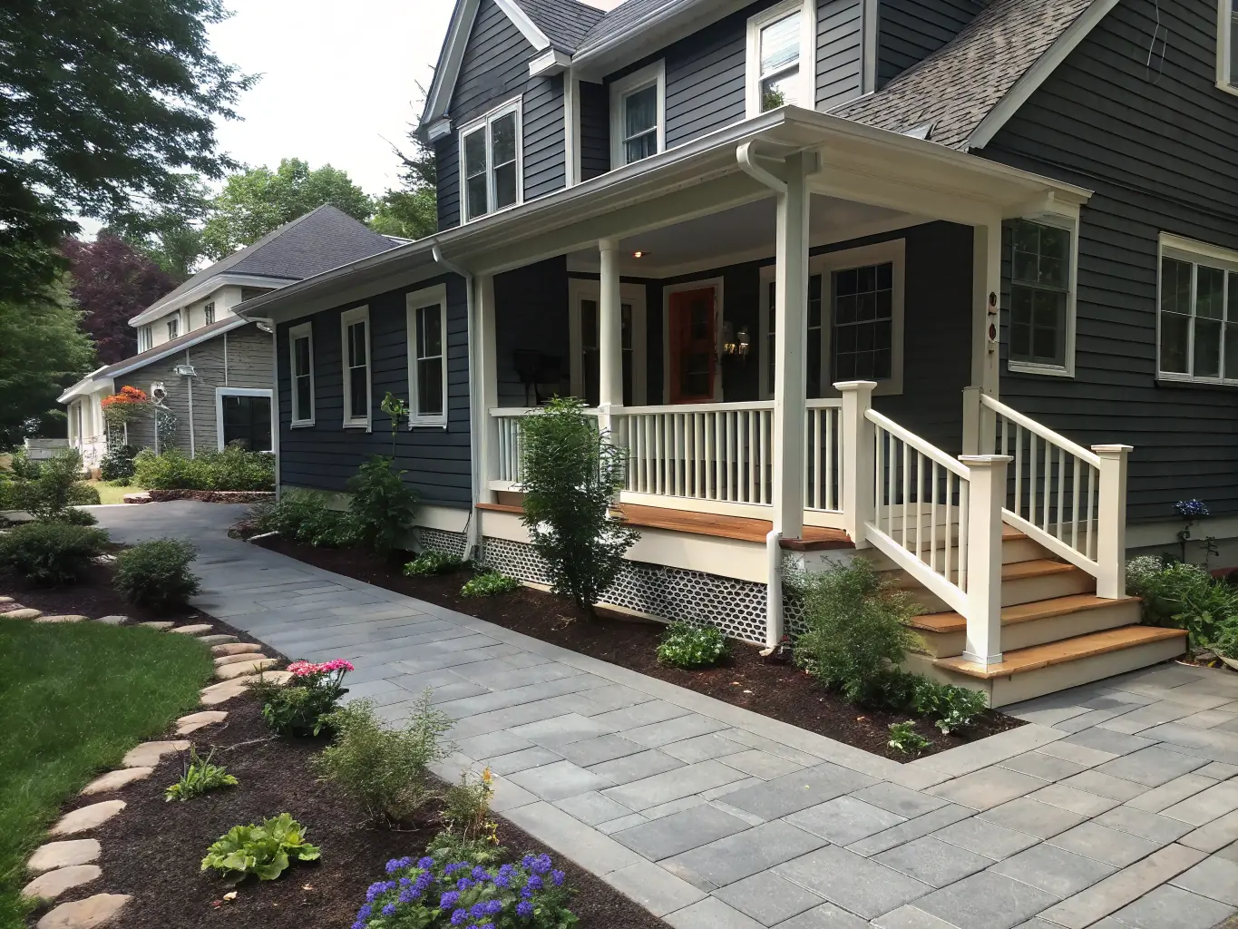 A home exterior featuring upgraded siding, a covered porch, and professional landscaping, representing the Exterior Enhancement Package offered by Ozark Heritage Homes.
