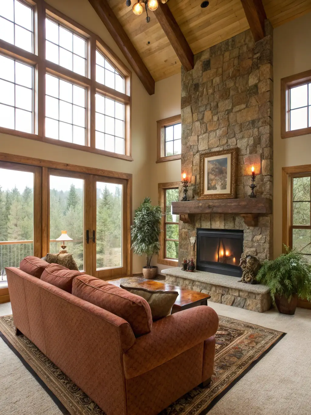 A cozy living room with a fireplace, part of a preconfigured floor plan by Ozark Heritage Homes, showcasing comfortable furniture and natural light.